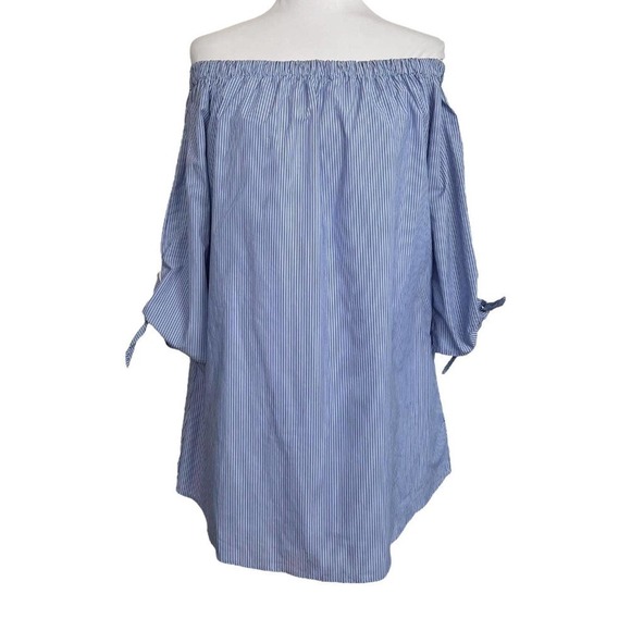 Lucca  Shirt Dress Off Shoulder Blue Striped Nautical Beach Size M - Picture 1 of 11